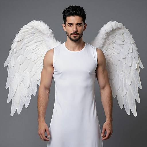 Photograph of a muscular, bearded man with short black hair, wearing a white sleeveless dress and large, white feathered wings, standing against