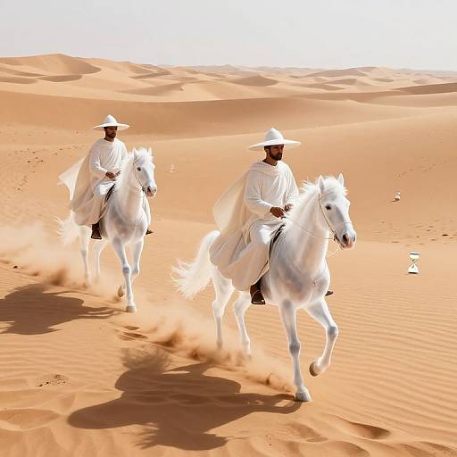 Three men in white robes and hats riding white horses across a sunlit, orange desert with rippled sand dunes.