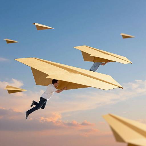 Men Soaring on Golden Paper Airplanes