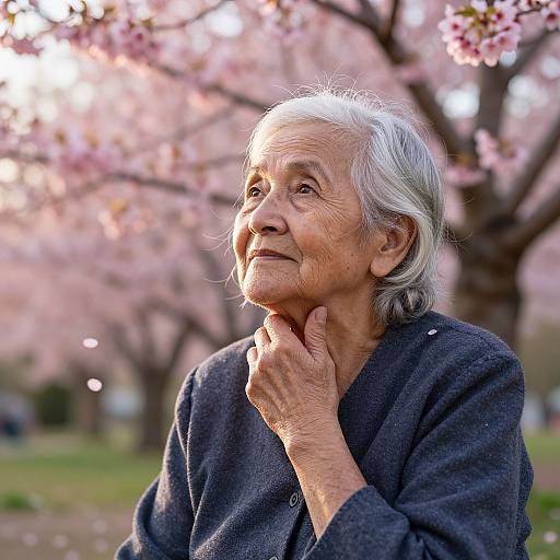 Photograph of an elderly woman with silver hair, wearing a dark gray cardigan, touching her chin, looking upwards in a cherry blossom garden. Bl