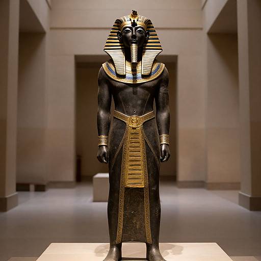 Photograph of an ancient Egyptian Anubis statue, dark black with gold accents, striped headdress, standing in a museum exhibit room.