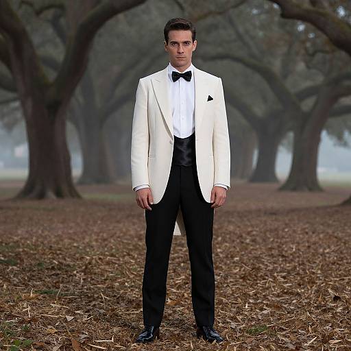 Photograph of a handsome man in a white tuxedo, black bow tie, and black pants, standing in a misty, tree-lined park