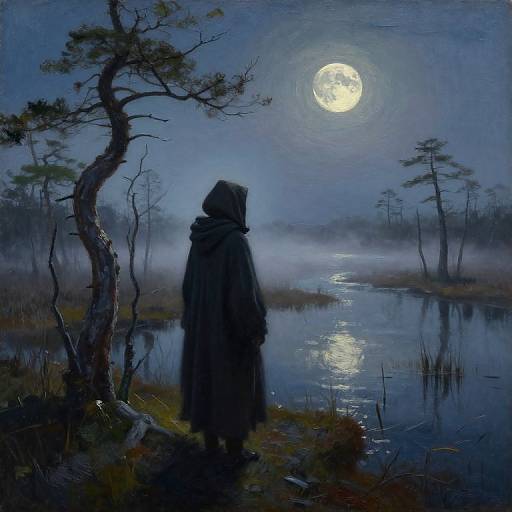 Mysterious hooded figure stands by moonlit, reflective pond, surrounded by dark, misty trees under a bright, full moon in a digital painting