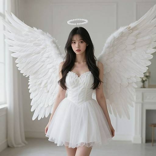 Photograph of an Asian woman with long black hair, wearing a white angel dress and halo, with large white feathered wings, standing in a bright