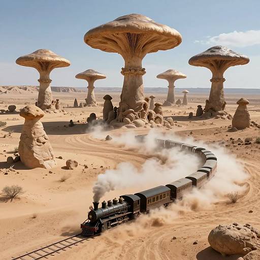 Photograph of a black steam train winding through a desert landscape with giant mushroom-like rock formations, emitting white steam into the bright, clear sky.
