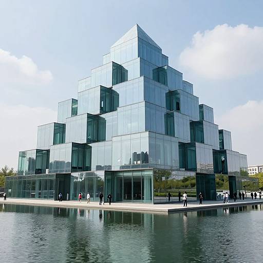 Photograph of a modern, glass-clad, cube-shaped building with reflective surfaces, standing by a calm, reflective water body, under a clear blue