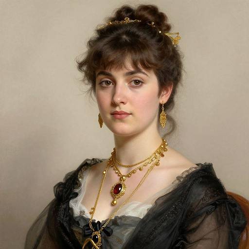 Photograph of a pale-skinned woman with dark hair in an updo, wearing a black lace dress, gold jewelry, and red gem, against