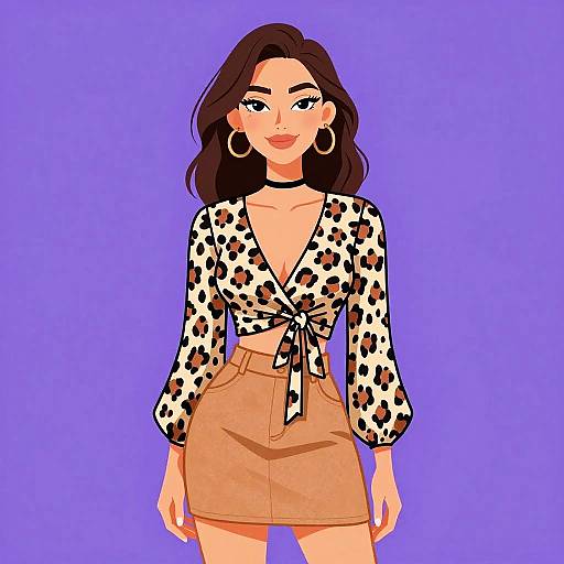 Digital illustration of a confident woman with long black hair, wearing a leopard print blouse, tied at the front, and a high-waisted beige skirt