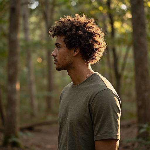 Photograph of a young man with curly brown hair, medium brown skin, and a slim build, wearing a green t-shirt, standing in a sun