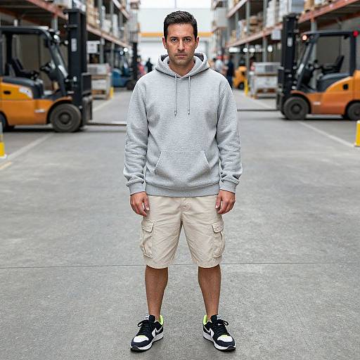 Photograph of a young man with short dark hair, wearing a gray hoodie, beige shorts, and black-and-white sneakers, standing in a warehouse with