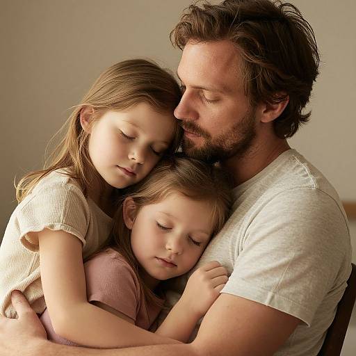 Photograph of a bearded father with brown hair, gently hugging his two sleeping daughters, one on each side, in soft natural light.