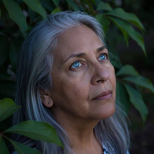 Photograph of a middle-aged woman with silver hair, piercing blue eyes, and light brown skin, looking upwards into the night, surrounded by dark green