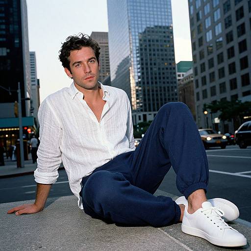 Photograph of a handsome, dark-haired man in a white button-up shirt and navy pants, sitting on a city street corner, wearing white sneakers,