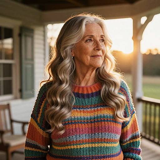 Photograph of an elderly woman with long, wavy gray hair, wearing a colorful striped sweater, standing on a sunlit porch.