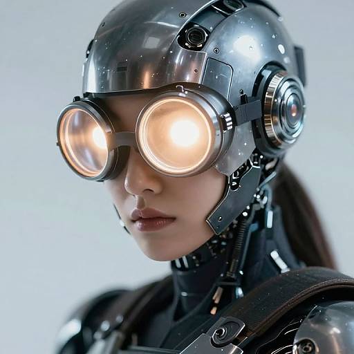 Cyberpunk-style photograph of an Asian woman with a metallic, high-tech helmet featuring glowing orange goggles, against a light blue background.