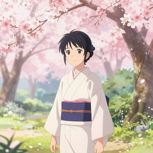 Serene Anime Garden with Kimono Character