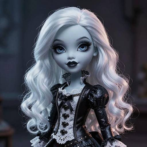 Photorealistic CGI of a gothic-style doll with pale blue skin, long white wavy hair, black lipstick, and a lace-trimmed