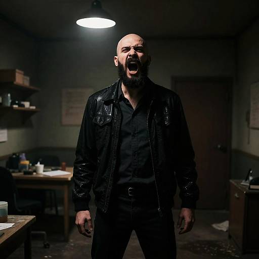 Angry Bald Man Screaming in Dimly Lit Room