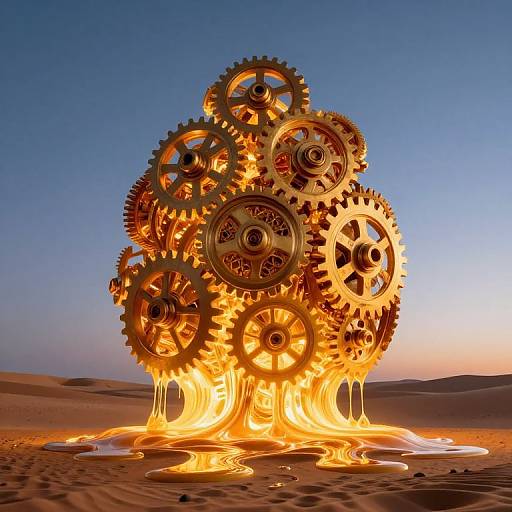 Photorealistic CGI of a towering stack of glowing, metallic gears emerging from molten, golden liquid in a desert at sunset.