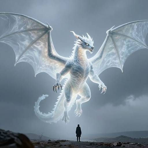 Photorealistic digital art: massive glowing white dragon with translucent wings looms above a small, silhouetted figure on a misty, rocky