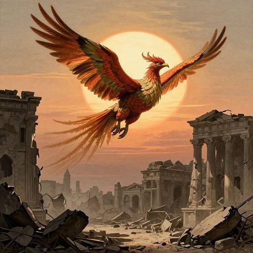 Digital artwork of a vibrant, phoenix-like bird with fiery feathers soaring over a ruined, ancient cityscape at sunset.