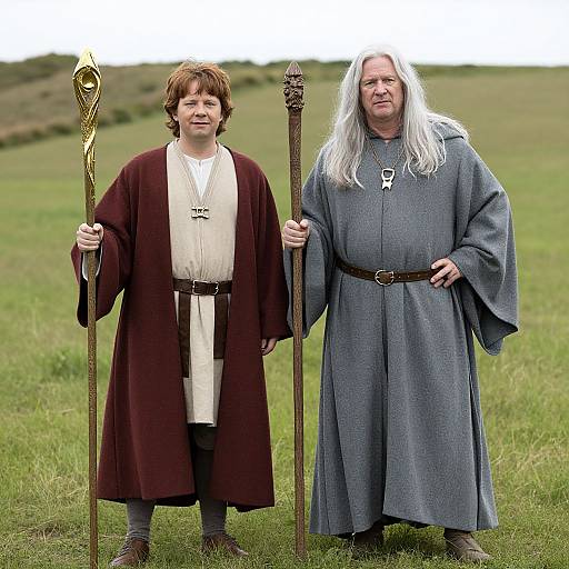 Photograph of two medieval-style characters standing in a grassy field; one with red hair in a maroon robe holding a staff, the other with