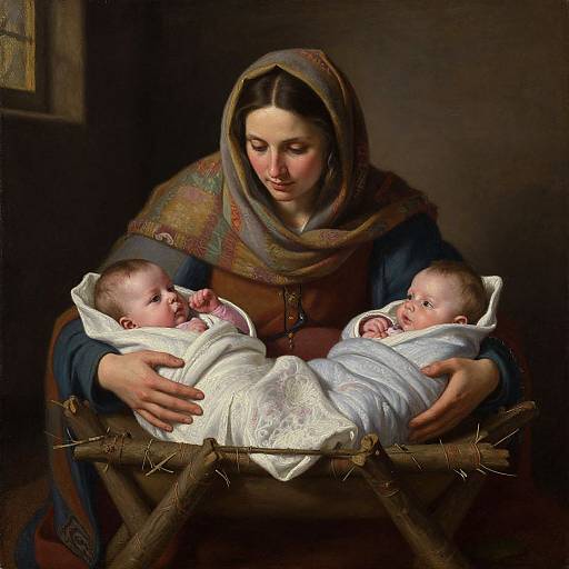 Photograph-style painting of a woman with a brown headscarf gently cradling two swaddled baby Jesus figures in a rustic wooden manger