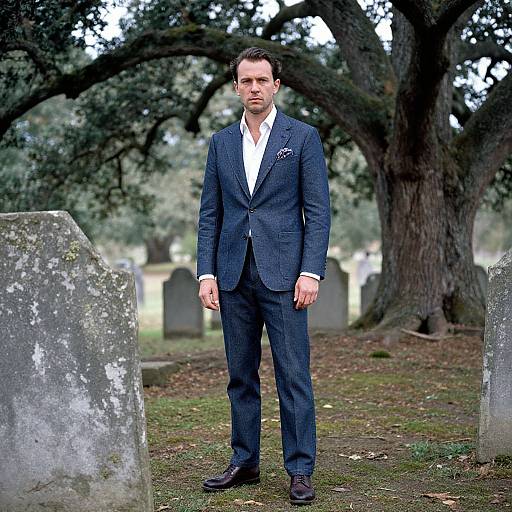 Photograph of a serious, fair-skinned man in a blue checkered suit, white shirt, and black shoes standing between gravestones in a