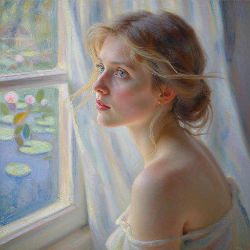 Digital painting of a blonde woman with blue eyes, fair skin, and red lips, gazing out a sunlit window, draped in a white off