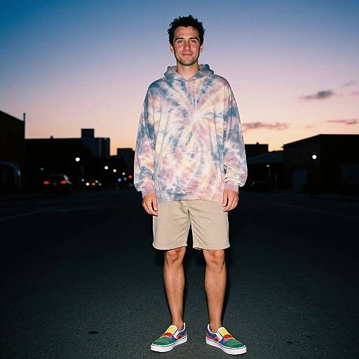 Photograph of a man with short curly hair, wearing a tie-dye hoodie, beige shorts, and colorful sneakers, standing on a dark street at