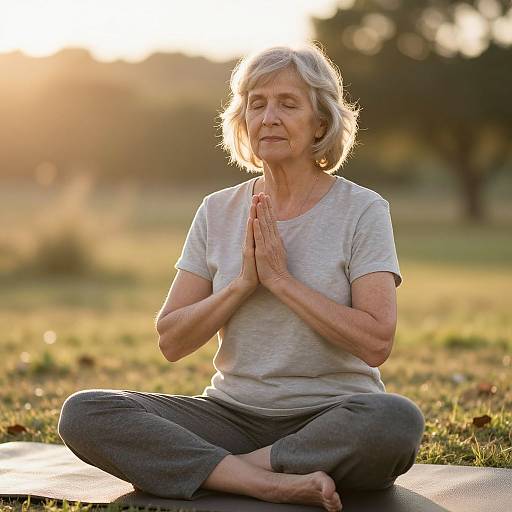 Photograph of elderly woman with short gray hair, closed eyes, and hands in prayer pose, sitting cross-legged in sunlit park.