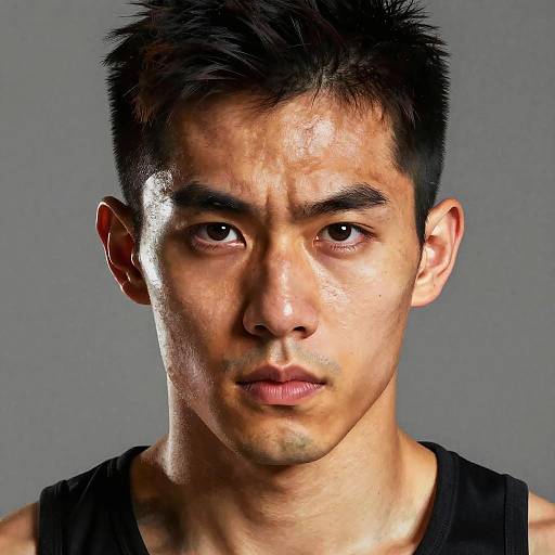 Photograph of a young Asian man with short, spiky black hair, serious expression, sweat on his face, wearing a black tank top, against