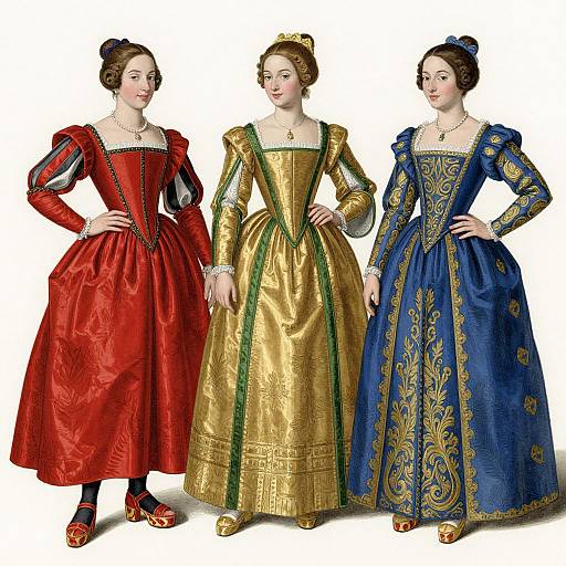 Photograph of three women in Victorian-style gowns: red with black accents, gold with green trim, blue with gold patterns, standing side by side