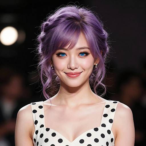 Photograph of a young Asian woman with purple hair, blue eyes, and fair skin, wearing a white polka dot dress, smiling against a dark
