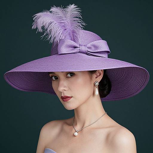 Photograph of an Asian woman with fair skin, wearing a lavender wide-brimmed hat with a white feather, silver necklace, and earrings, against