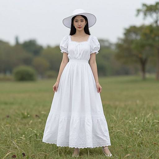 Photograph of an East Asian woman in a white, lace-trimmed dress and sunhat standing in a grassy field with trees in the background