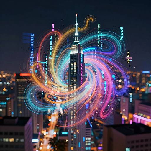 Futuristic City with Digital Code Swirls