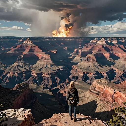 Photograph of a lone person in a brown jacket and blue jeans standing on the edge of the Grand Canyon, watching a fiery explosion billow smoke above
