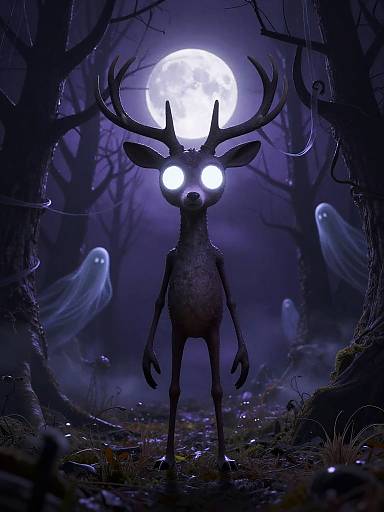 Digital illustration of a glowing-eyed, antlered deer with luminescent eyes, standing in a dark, moonlit forest, surrounded by ghostly