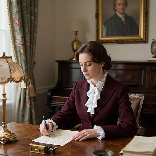 Elegant Woman at Vintage Wooden Desk