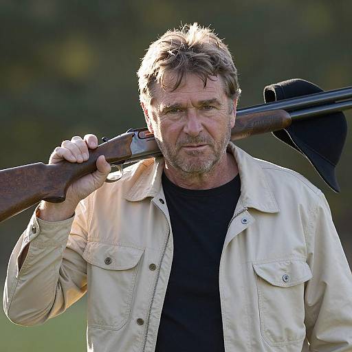 Middle-aged Man with Shotgun and Hat Outdoors