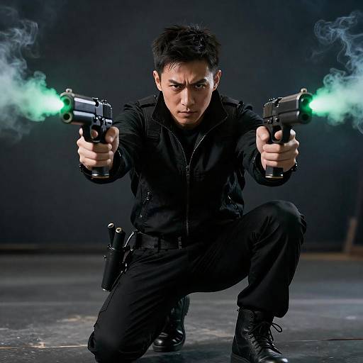 Crouched Man with Green-Lit Twin Guns