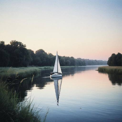 Small Sailboat on Tranquil River at Dawn