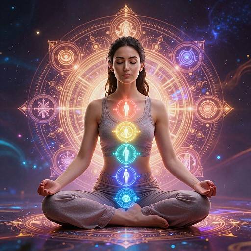 Photograph of a serene, dark-haired woman in gray yoga attire, seated cross-legged, with glowing chakra symbols along her torso, against a cosmic