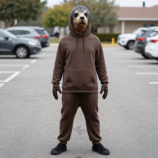 Photograph of a person wearing a full brown hoodie and pants set with a realistic seal head mask, standing in an empty parking lot with blurred cars and