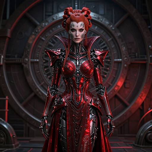 Photorealistic CGI of a red-haired woman in a metallic, red and black, sci-fi armor dress with intricate patterns, standing in front of a