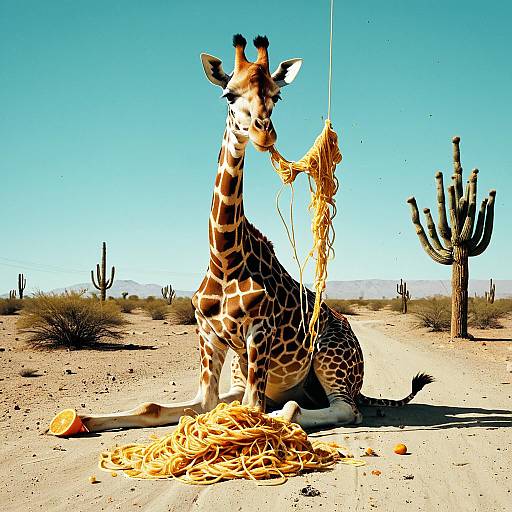 Giraffe Knitting Spaghetti in Desert