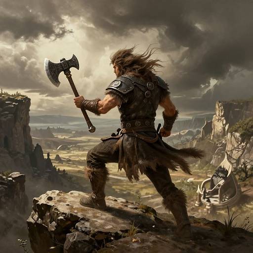 Fantasy digital artwork of a muscular, armored warrior with long brown hair, holding a large axe on a rocky cliff, overlooking a dramatic, cloudy landscape