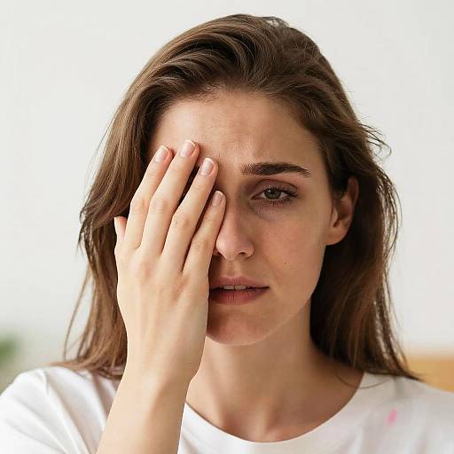 Photograph of a young woman with light skin and brown hair, covering her right eye with her hand, wearing a white shirt, against a blurred white