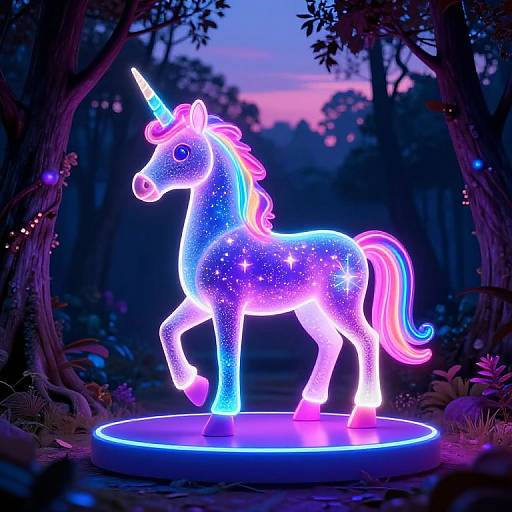 Glowing neon unicorn statue with a multicolored mane and starry body, illuminated in a twilight forest setting. Digital artwork.